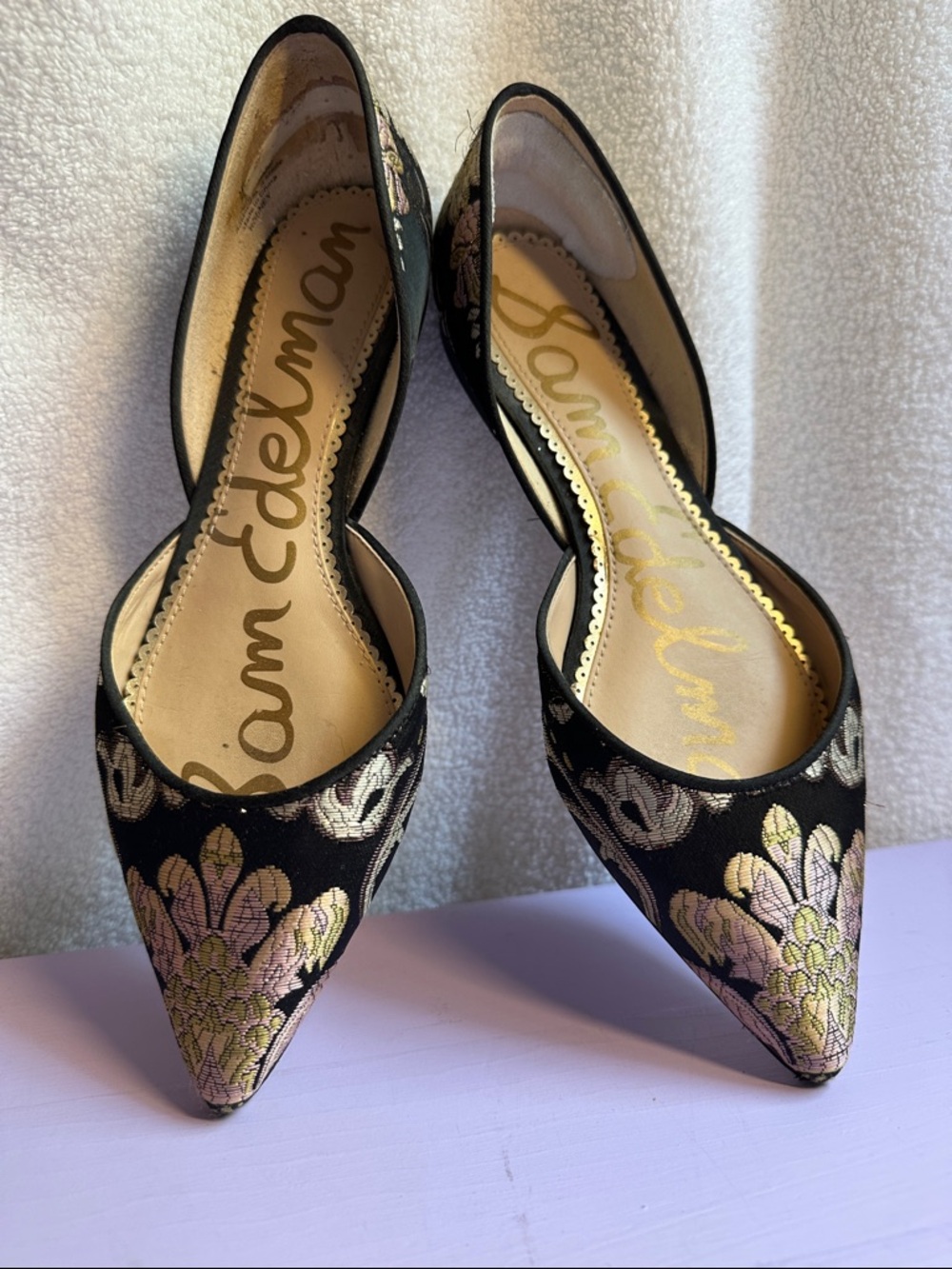 Sam Edelman Black Pointed-Toe Floral Rodney Flats with Metallic Accents